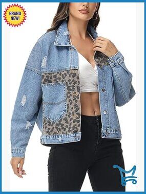 Long Sleeve Button Down Leopard Print Crop Denim Jacket Ripped Distressed